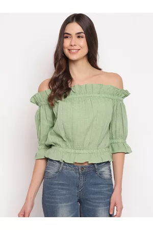 Mayra Sea Green Off-shoulder Pure Cotton Bardot Crop Top
