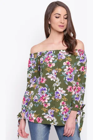 Mayra Green & Pink Floral Printed Off-Shoulder Bardot Top