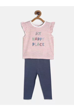 MINI KLUB Girls Pink & Off White Striped Top with Leggings