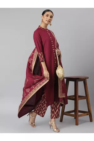 Khushal K Women Maroon Solid Kurta with Trousers & Dupatta