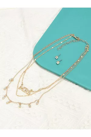 Ami Woman Gold-Plated & White Stone Studded 3 layers Necklace & Stud Earring Set