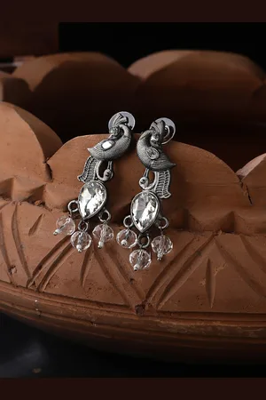 Cardinal Silver-Toned Peacock Shaped Oxidized Drop Earrings