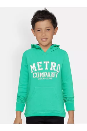 METRO KIDS COMPANY Boys Turquoise Blue Organic Cotton Self Design Hooded Sweatshirt