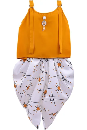 Wish Karo Girls Mustard Yellow & White Top with Dhoti Pants