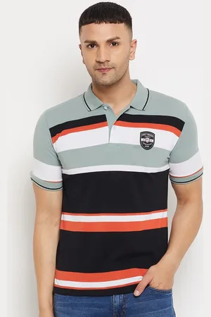 FirstKrush Men Green & White Striped Regular Fit Cotton Polo Collar T-shirt