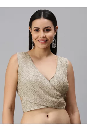 flaher Women Green with a tinge of Grey Embroidered Padded Saree Blouse