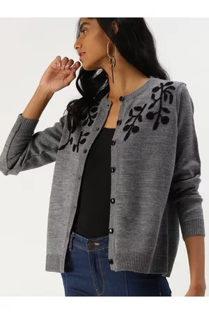 DressBerry Women Charcoal Grey Self Design Cardigan
