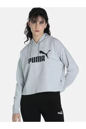 PUMA Women Grey Essential Logo Loose Cropped Hoodie