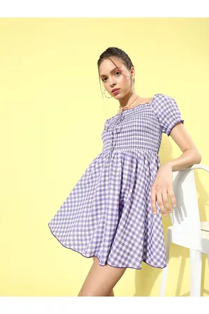 KASSUALLY Women Elegant Purple Checked Summer Gingham Dress