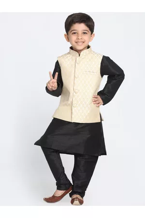 Vastramay Boys Black Regular Kurta & Churidar With Nehru Jacket Set