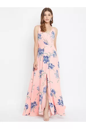 Berrylush Women Pink & Blue Floral Print Maxi Dress