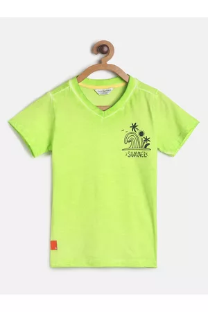 TALES & STORIES Boys Fluorescent Green Printed V-Neck T-shirt