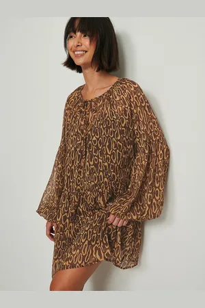 NA-KD Brown & Beige Leopard Tie-Up Neck A-Line Mini Dress