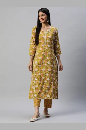 Divena World Women Yellow Floral Printed Pure Cotton Kurta with Trousers