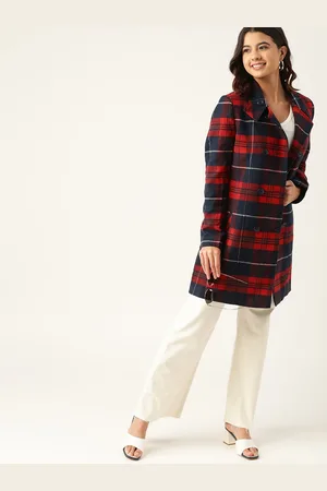 DressBerry Women Red and Navy Blue Checked OverCoat
