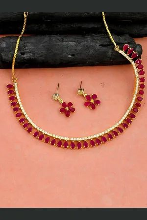 Silvermerc Designs Women Gold-Plated & Red AD Stone Studded & Beaded Necklace Set
