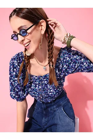 STREET 9 Women Blue Floral Printed Blouson Crepe Crop Top