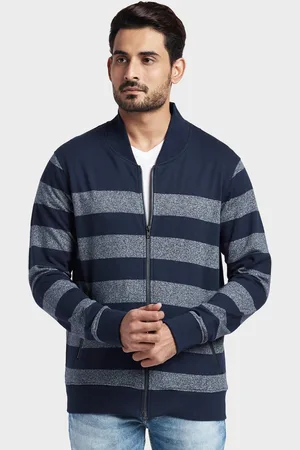 ColorPlus Men Blue Striped Hooded Sweatshirt