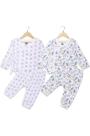 The Mom Store Pack of 2 Kids White Printed Pure Cotton Top with Pyjamas