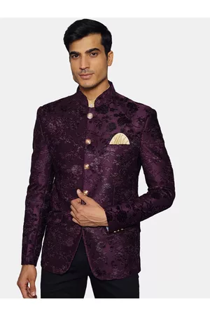 Wintage Men Purple & Black Self Design Bandhgala Ethnic Blazer