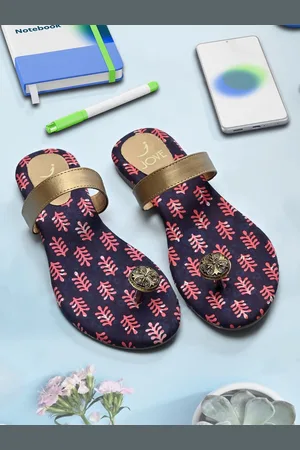 Jove Women Gold-Toned & Navy Blue Printed One Toe Flats