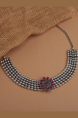 Fida Silver-Plated & Pink Oxidised Necklace