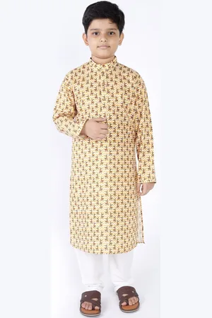 TABARD Boys Yellow & White Ethnic Motifs Printed Pure Cotton Kurta with Churidar