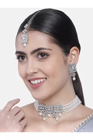 I Jewels Silver & White Rhodium-Plated Kundan & Pearl Studded Necklace Set