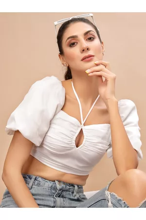 KASSUALLY Women White Solid Puff Sleeves Crepe Crop Fitted Top