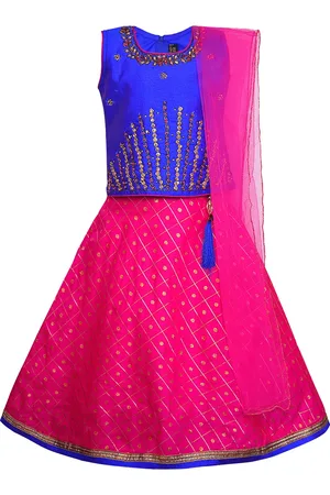Wish Karo Girls Blue & Pink Embellished Ready to Wear Pattu Pavadai with Dupatta