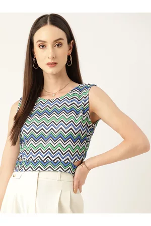 Antheaa Blue & Off White Printed Crepe Crop Top