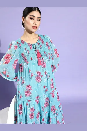 Antheaa Women Turquoise Blue Floral Waisted Dress