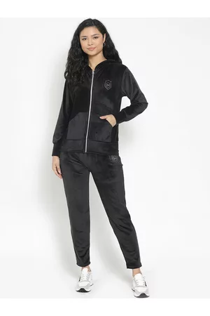 MARC LOUIS Women Black Embellished Velvet Track Suit