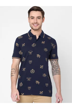 Mufti Men Navy Blue Printed Polo Collar Slim Fit T-shirt