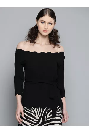 Sassafras Women Black Solid Bardot Top