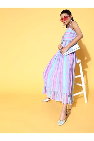 Inddus Women Elegant Lavender Striped Volume Play Dress