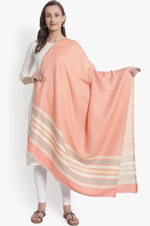 Mizash Women Peach-Coloured & White Woven-Design Woolen Shawl