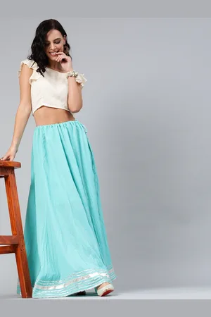 Jaipur Hand Crafted flared Aqua Blue Pure Cotton Skirt with White Crop Top