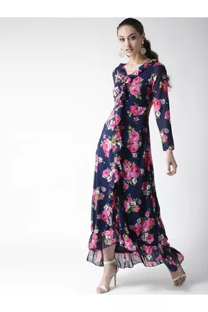 La Zoire Woman Navy Blue Floral Georgette Maxi Dress