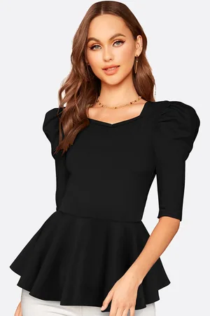 LONDON BELLY Women Black Sweetheart Neck Peplum Top