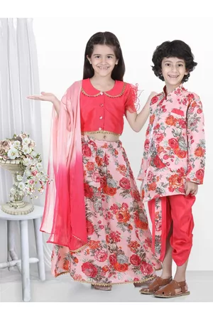 BownBee Girls Pink & Gold-Toned Foil Print Ready to Wear Lehenga & Blouse With Dupatta