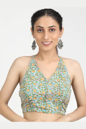 Llajja Women Turquoise Blue Block Printed Cotton Saree Blouse
