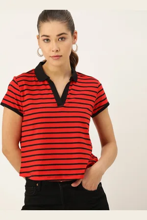 DressBerry Women Red & Black Striped Polo Collar Pure Cotton T-shirt