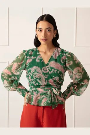 20Dresses Green Ethnic Motifs Printed Chiffon Wrap Top