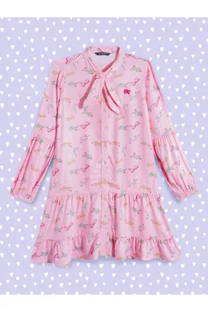 Allen Solly Girls Pink & Green Conversational Print Puff Sleeves A-Line Dress