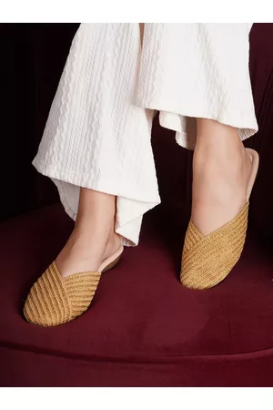 SHEZONE Women Gold-Toned Western - Embellished Mules Flats