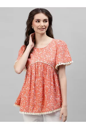 DEEBACO Women Orange Floral Print Empire Top