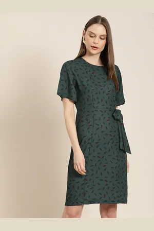 Invictus Women Green & Black Printed Sheath Dress With Waist Tie-Up