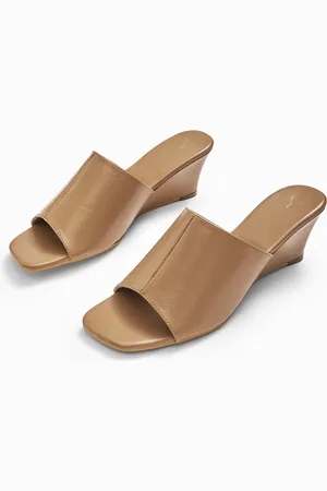 The Label Life Women Tan Peep Toe Wedge Mules