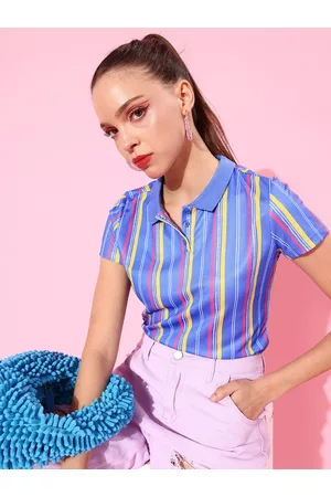 DressBerry Women Stylish Blue Striped Zoom Friendly Collar Tshirt